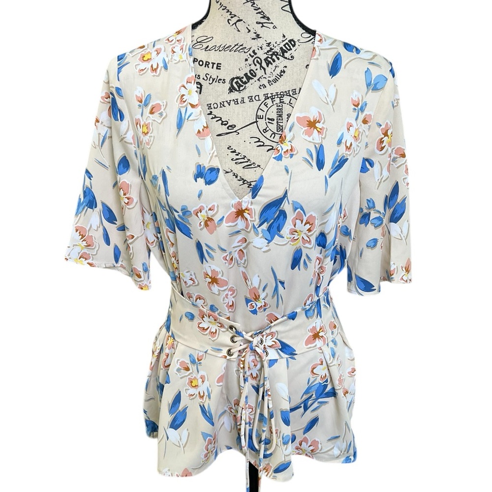 BCBG Floral Wrap Blouse with Blue and Pink Accents